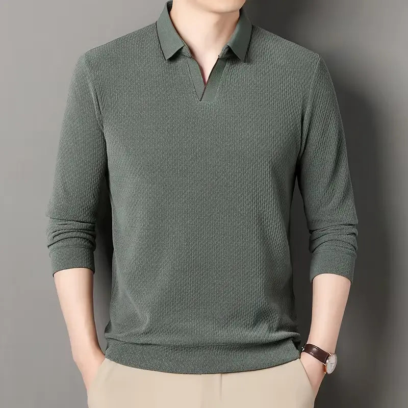 camisa polo masculina de tricot manga longa com tecido macio e elegante exibindo textura do knitwear