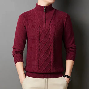 suéter masculino cinza tricô trançado gola alta meio zíper inverno elegante confortável