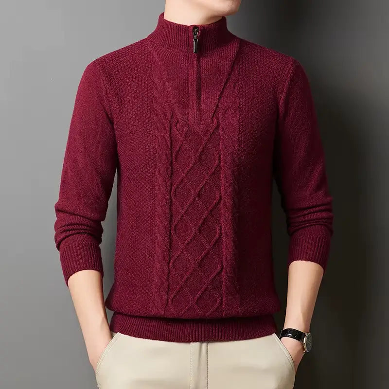 suéter masculino cinza tricô trançado gola alta meio zíper inverno elegante confortável