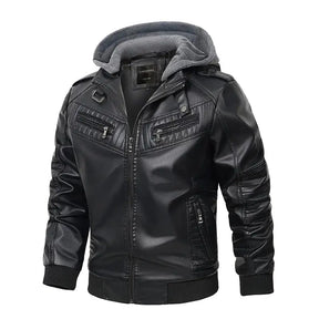 jaqueta masculina preta estilo couro biker com capuz removível e zíper moderna