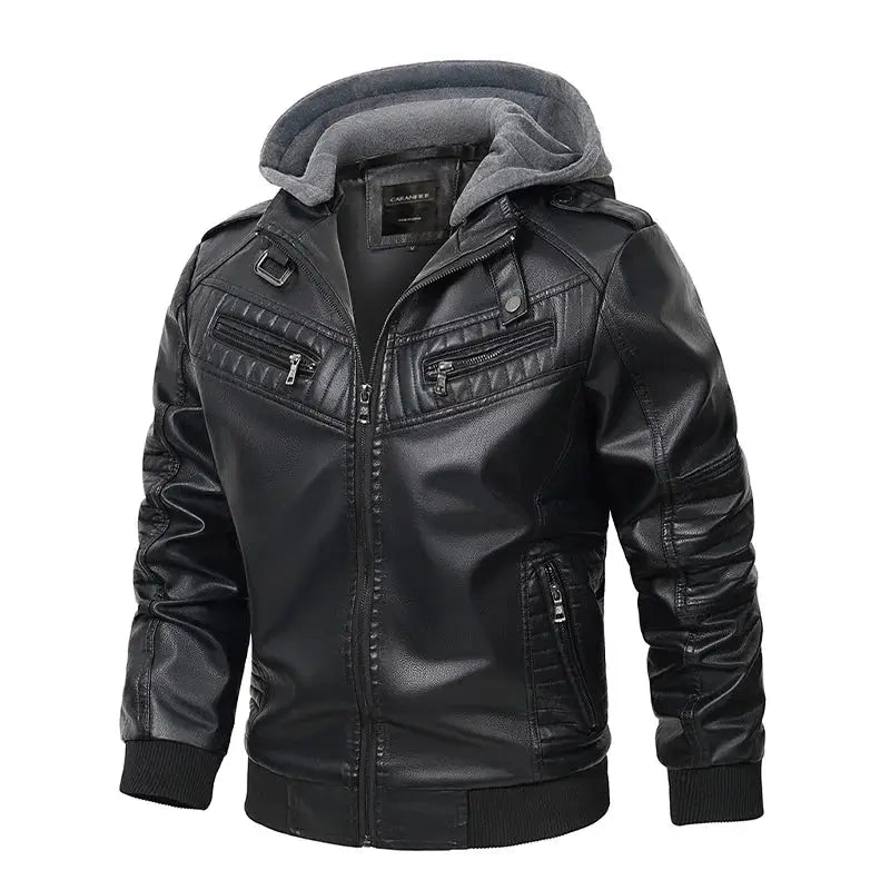 jaqueta masculina preta estilo couro biker com capuz removível e zíper moderna