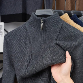 suéter masculino cinza tricô trançado gola alta meio zíper inverno elegante confortável