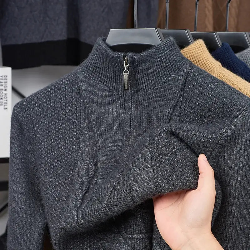 suéter masculino cinza tricô trançado gola alta meio zíper inverno elegante confortável