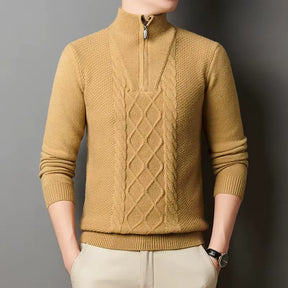 suéter masculino cinza tricô trançado gola alta meio zíper inverno elegante confortável