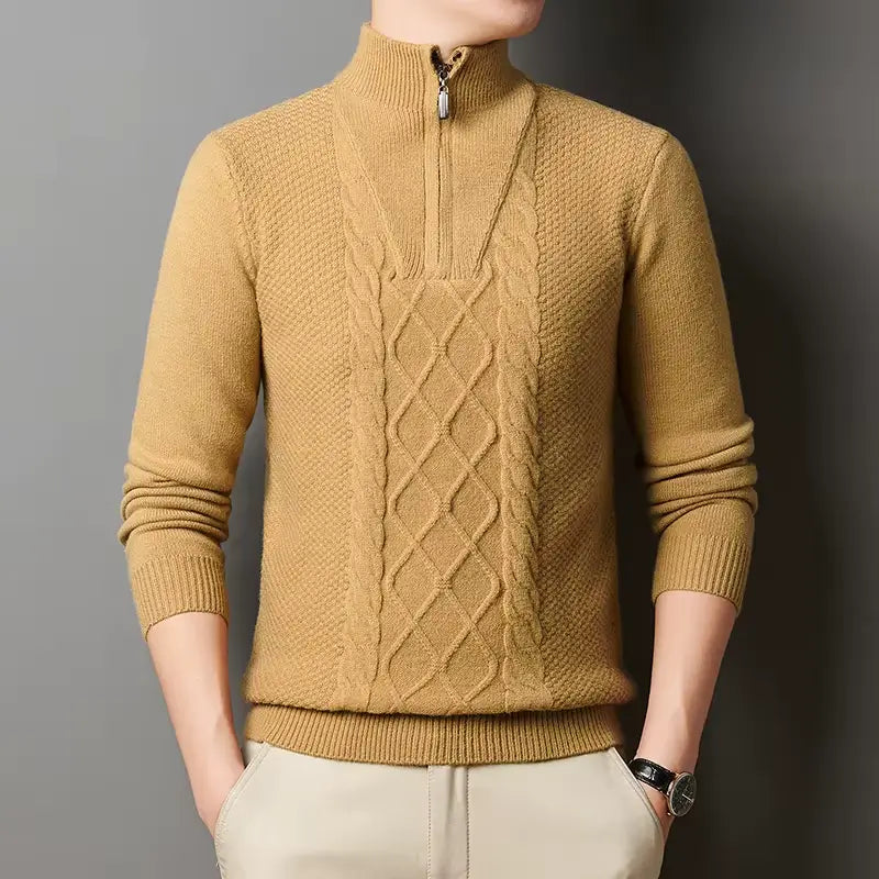 suéter masculino cinza tricô trançado gola alta meio zíper inverno elegante confortável