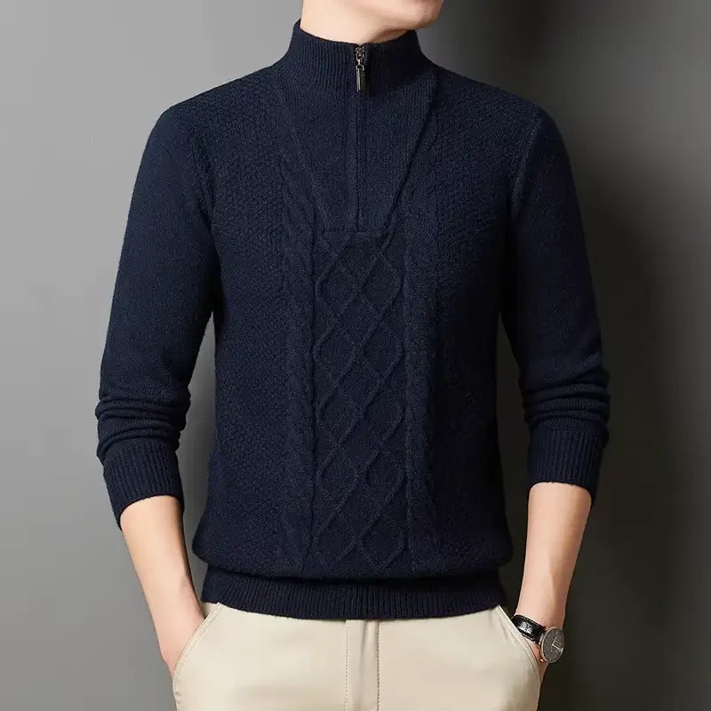 suéter masculino cinza tricô trançado gola alta meio zíper inverno elegante confortável