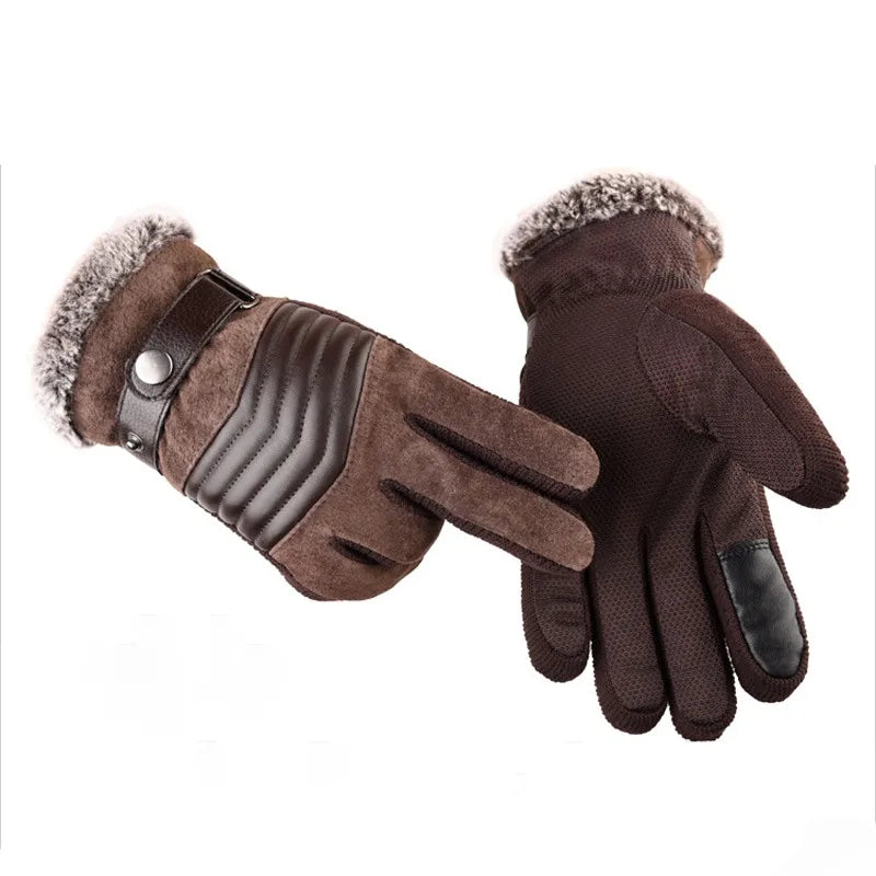 Luva masculina térmica preta com interior felpudo, ajuste em botão e função touchscreen para inverno e moto.