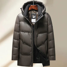 Jaqueta masculina preta térmica com pluma de ganso 90% e capuz removível, modelo acolchoado para frio intenso