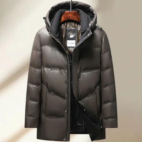 Jaqueta masculina preta térmica com pluma de ganso 90% e capuz removível, modelo acolchoado para frio intenso