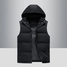 colete masculino puffer preto com capuz e zíper frontal estilo moderno e quente para inverno