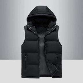 colete masculino puffer preto com capuz e zíper frontal estilo moderno e quente para inverno