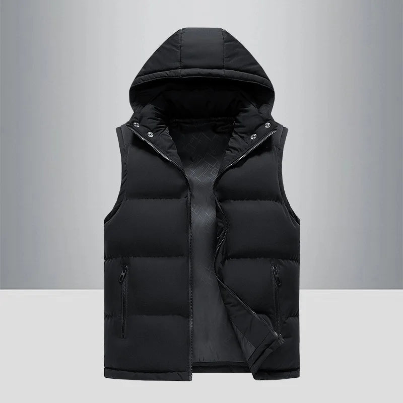 colete masculino puffer preto com capuz e zíper frontal estilo moderno e quente para inverno