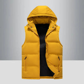 colete masculino puffer amarelo com capuz e zíper frontal estilo moderno e quente para inverno