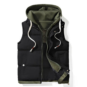 colete masculino acolchoado bicolor com capuz interno e zíper frontal estilo moderno para inverno