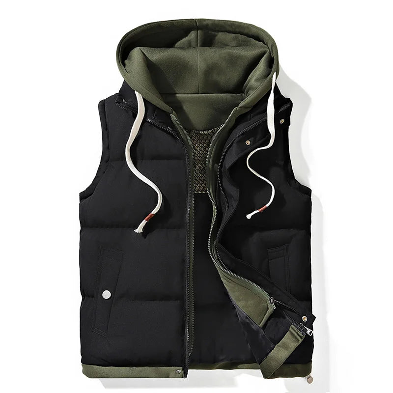 colete masculino acolchoado bicolor com capuz interno e zíper frontal estilo moderno para inverno