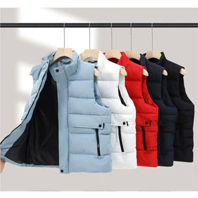 colete masculino puffer com bolsos grandes e fechamento duplo com zíper e botões estilo premium para inverno
