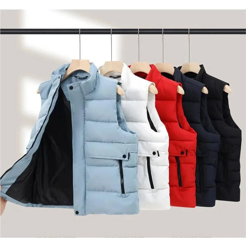 colete masculino puffer com bolsos grandes e fechamento duplo com zíper e botões estilo premium para inverno