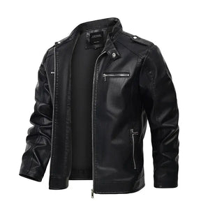 jaqueta masculina preta estilo couro biker com zíper frontal moderna
