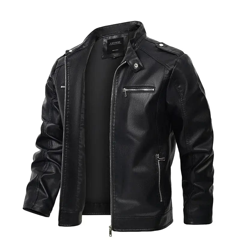 jaqueta masculina preta estilo couro biker com zíper frontal moderna