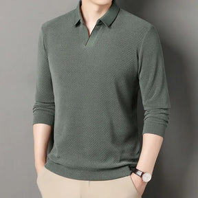 camisa polo masculina de tricot manga longa com tecido macio e elegante exibindo textura do knitwear