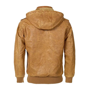 jaqueta masculina caramelo estilo couro biker com capuz removível e forro térmico