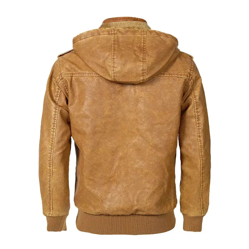 jaqueta masculina caramelo estilo couro biker com capuz removível e forro térmico