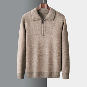 suéter masculino bege com gola polo e zíper estilo elegante moderno ideal para inverno e uso casual sofisticado