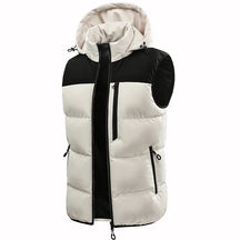 colete masculino acolchoado bicolor com capuz e zíper frontal estilo moderno para inverno