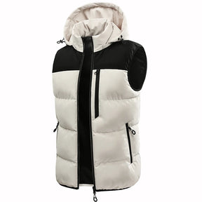 colete masculino acolchoado bicolor com capuz e zíper frontal estilo moderno para inverno