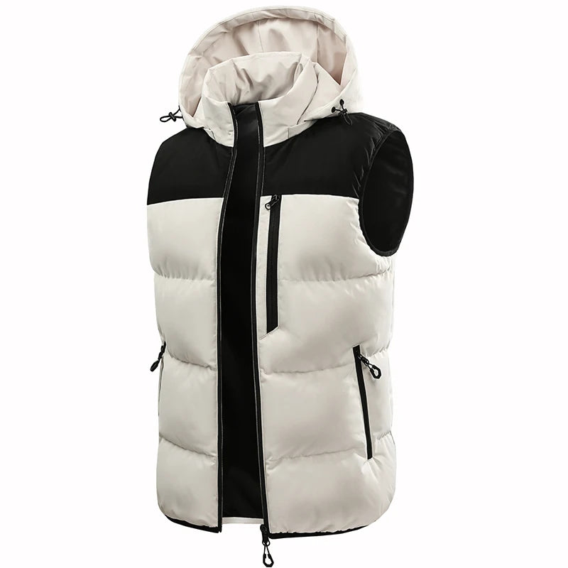 colete masculino acolchoado bicolor com capuz e zíper frontal estilo moderno para inverno