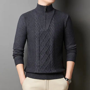 suéter masculino cinza tricô trançado gola alta meio zíper inverno elegante confortável