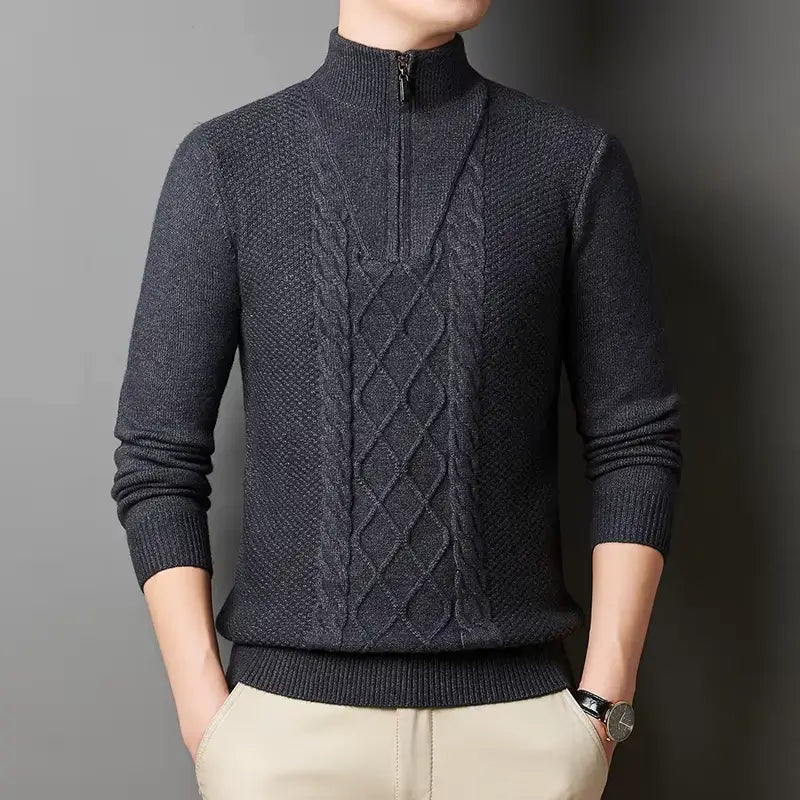 suéter masculino cinza tricô trançado gola alta meio zíper inverno elegante confortável