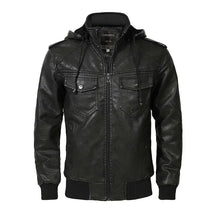 jaqueta masculina preta estilo couro biker com capuz removível e forro térmico