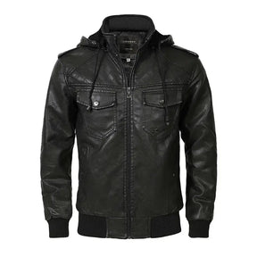jaqueta masculina preta estilo couro biker com capuz removível e forro térmico