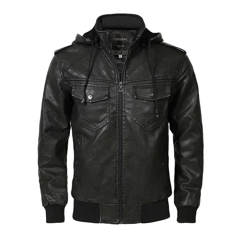 jaqueta masculina preta estilo couro biker com capuz removível e forro térmico