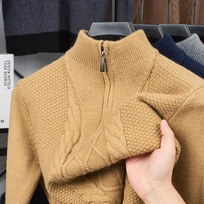 suéter masculino cinza tricô trançado gola alta meio zíper inverno elegante confortável