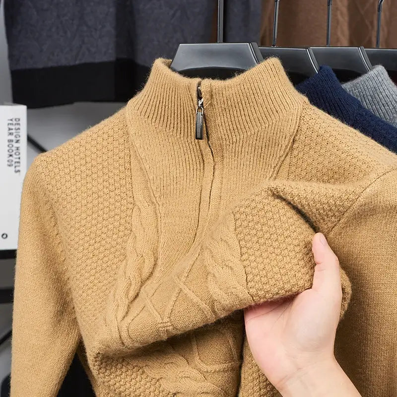 suéter masculino cinza tricô trançado gola alta meio zíper inverno elegante confortável