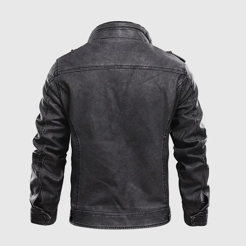 jaqueta masculina em couro biker com gola alta e zíper frontal