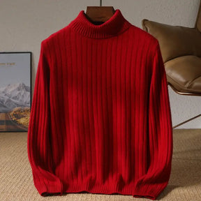 Suéter masculino gola alta em lã merino com textura canelada e visual elegante para inverno