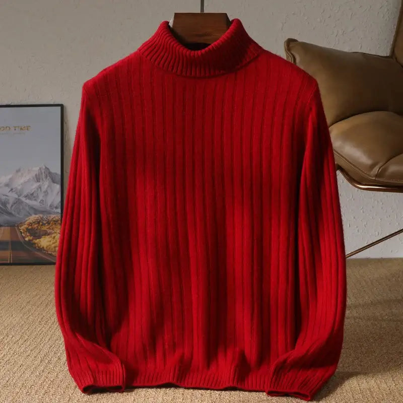 Suéter masculino gola alta em lã merino com textura canelada e visual elegante para inverno