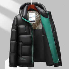 Jaqueta puffer masculina com capuz removível e acabamento brilhante com enchimento em pluma para inverno frio