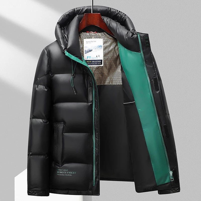 Jaqueta puffer masculina com capuz removível e acabamento brilhante com enchimento em pluma para inverno frio