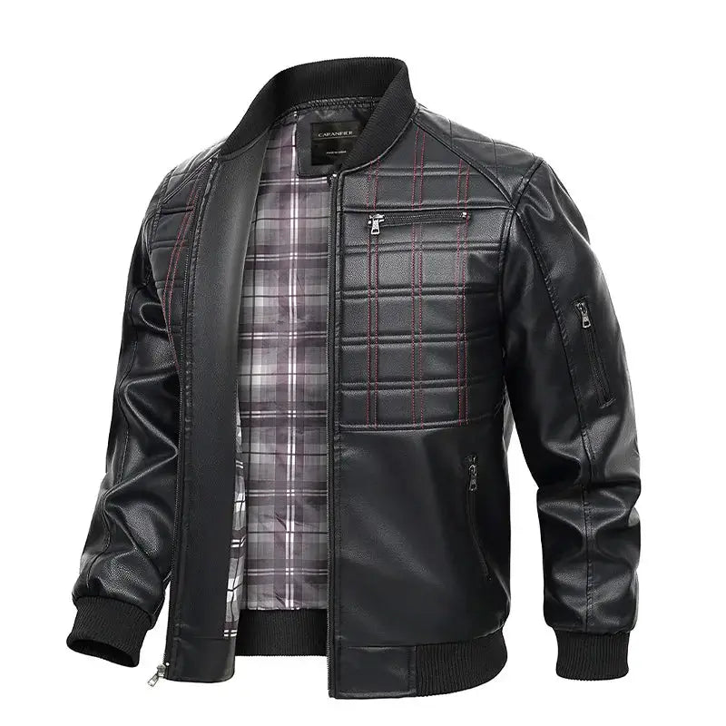 jaqueta masculina preta estilo couro bomber matelassê com zíper moderna