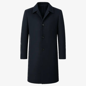 Homem vestindo sobretudo azul marinho masculino longo em cashmere com gola clássica