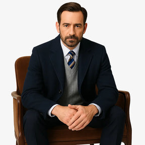 Homem vestindo sobretudo azul marinho masculino longo em cashmere com gola clássica