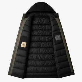  sobretudo masculino longo com capuz, bolsos frontais e gola alta