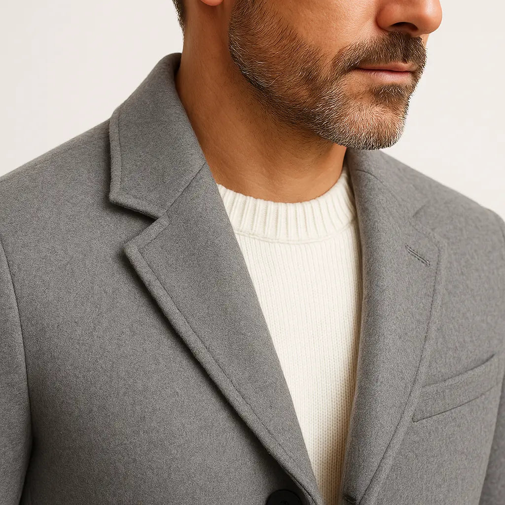 sobretudo masculino longo de lã cinza com bolsos e gola de blazer