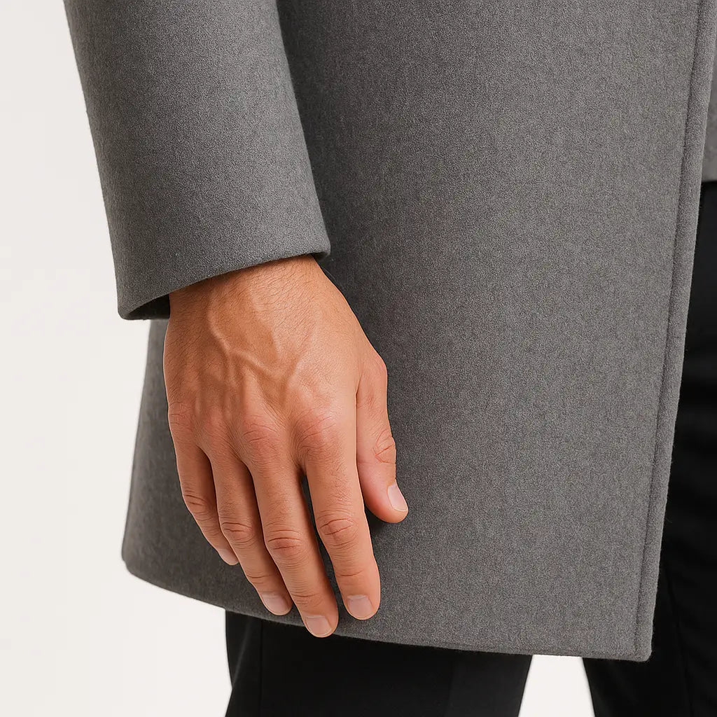 sobretudo masculino longo de lã cinza com bolsos e gola de blazer