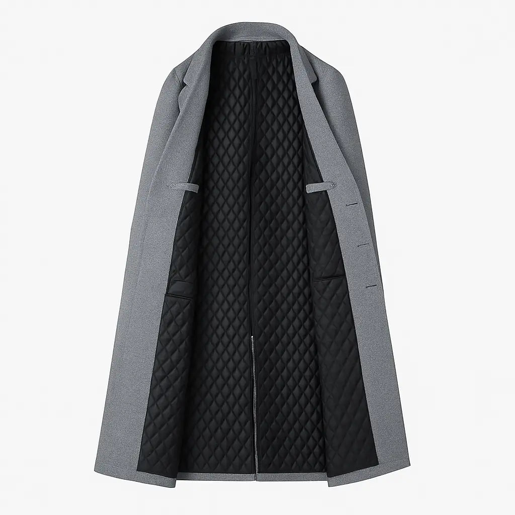 sobretudo masculino longo de lã cinza com bolsos e gola de blazer