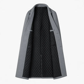 sobretudo masculino longo de lã cinza com bolsos e gola de blazer